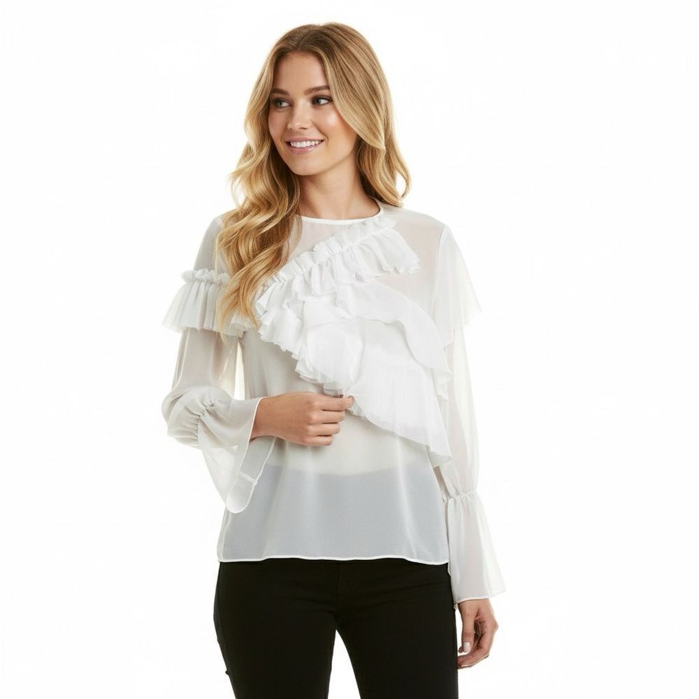 Beulah Style White Ruffle Blouse Small NWT Romantic Sheer Tiered Victorian